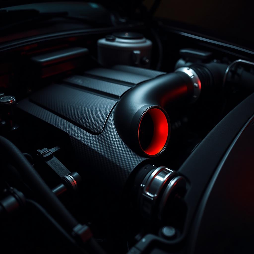 Performance car engine bay with red accent lighting